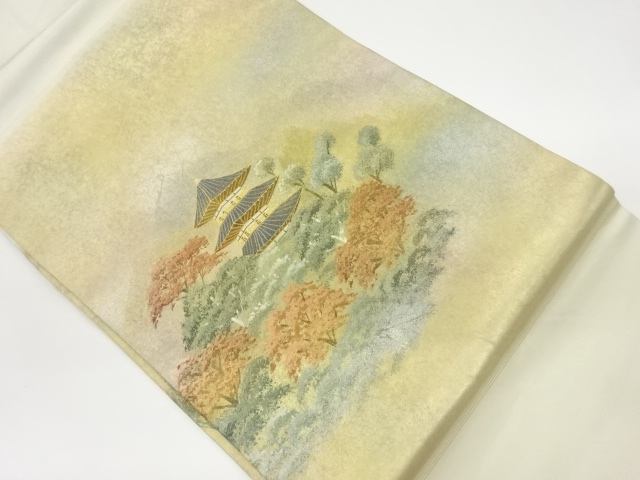 JAPANESE KIMONO / VINTAGE NAGOYA OBI / KINSAI / TREES & PAGODA